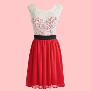 Lace and Chiffon A-line Dress - Red and White